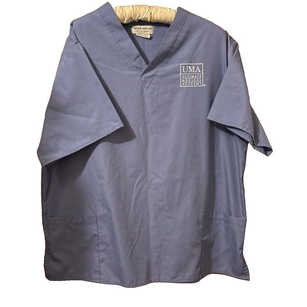 Natural Uniforms Unisex Light Blue Scrub Top Embroidered “UMA” Size L